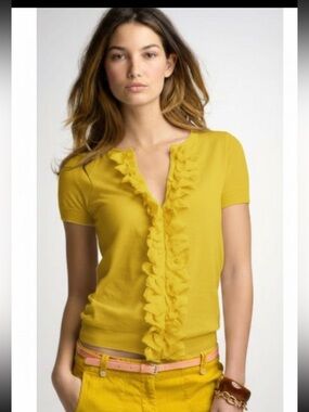 JACOB Yellow Ruffle Button Cardigan Top M Y2K Coquette Cottagecore Preppy